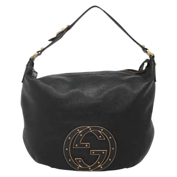 GUCCI Interlocking Shoulder Bag Leather Black Gold 121548 Auth 139643 - Picture 1 of 16